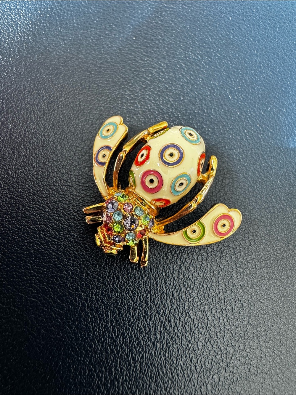 VTG Joan Rivers Gold-Tone Multicolor Evil Eye Enamel Bee Brooch with Rhinestones